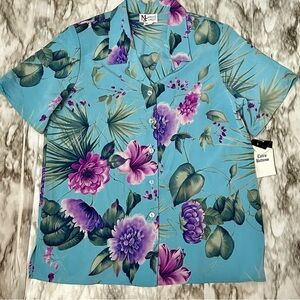Vintage Lightweight Blue and Purple Floral Button Down Shirt Tropical Hawaiian